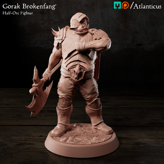 Front view resin render of Gorak Brokenfang half-orc fighter in heavy armor with a greataxe.
