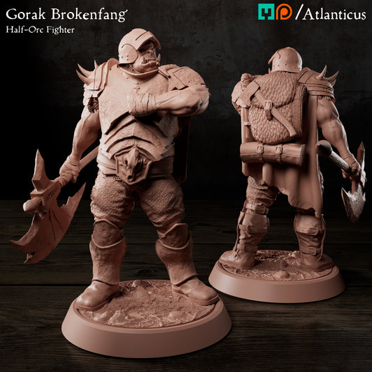 Dual render showing front and back views of Gorak Brokenfang half-orc fighter holding a greataxe by Atlanticus Arts.