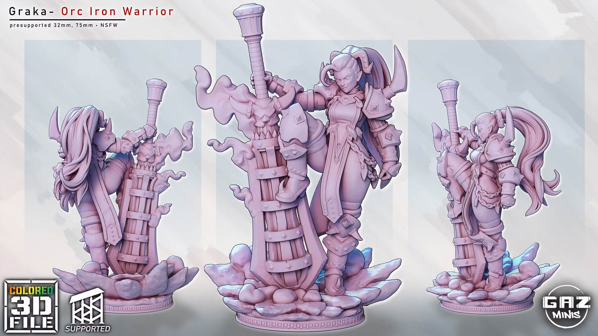 Graka, Iron Warrior, posed beside her oversized flaming iron weapon in a full-color fantasy character render.