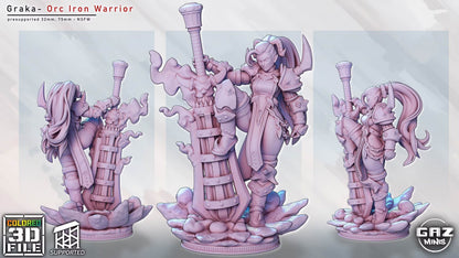 Graka, Iron Warrior, posed beside her oversized flaming iron weapon in a full-color fantasy character render.