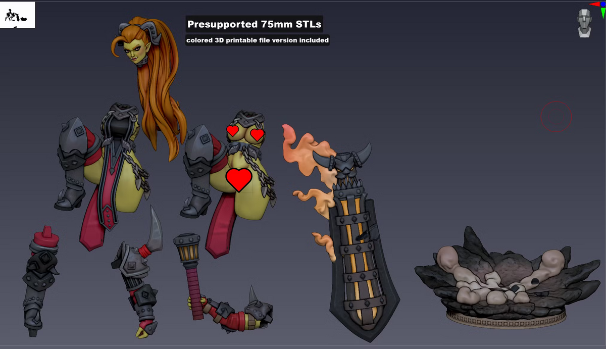 Graka 75mm multi-part miniature components including SFW and NSFW torso options, weapon, limbs, hair, and scenic base.