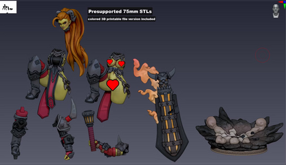 Graka 75mm multi-part miniature components including SFW and NSFW torso options, weapon, limbs, hair, and scenic base.