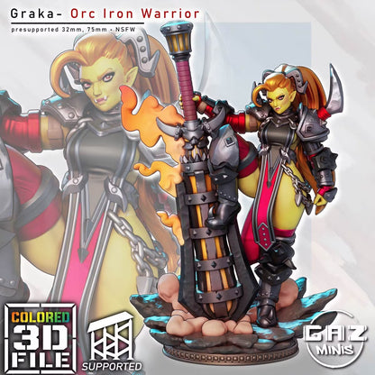 Graka the Orc Fighter in heavy armor standing beside an oversized flame-covered iron weapon on a rocky base.