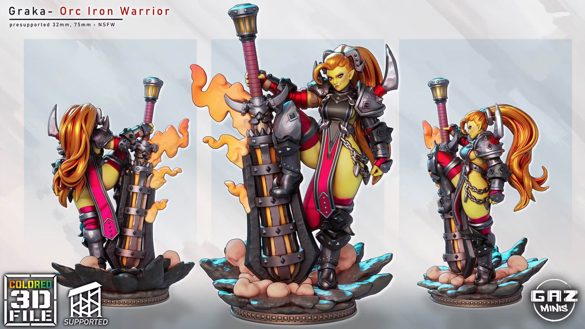 Resin render of Graka the Orc Fighter shown from multiple angles with heavy armor and a massive iron weapon.