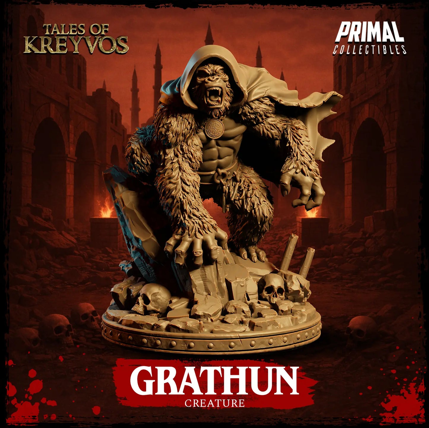 Full front view render of unpainted resin Grathun Monkey God miniature crouching on a skull-strewn rocky base.