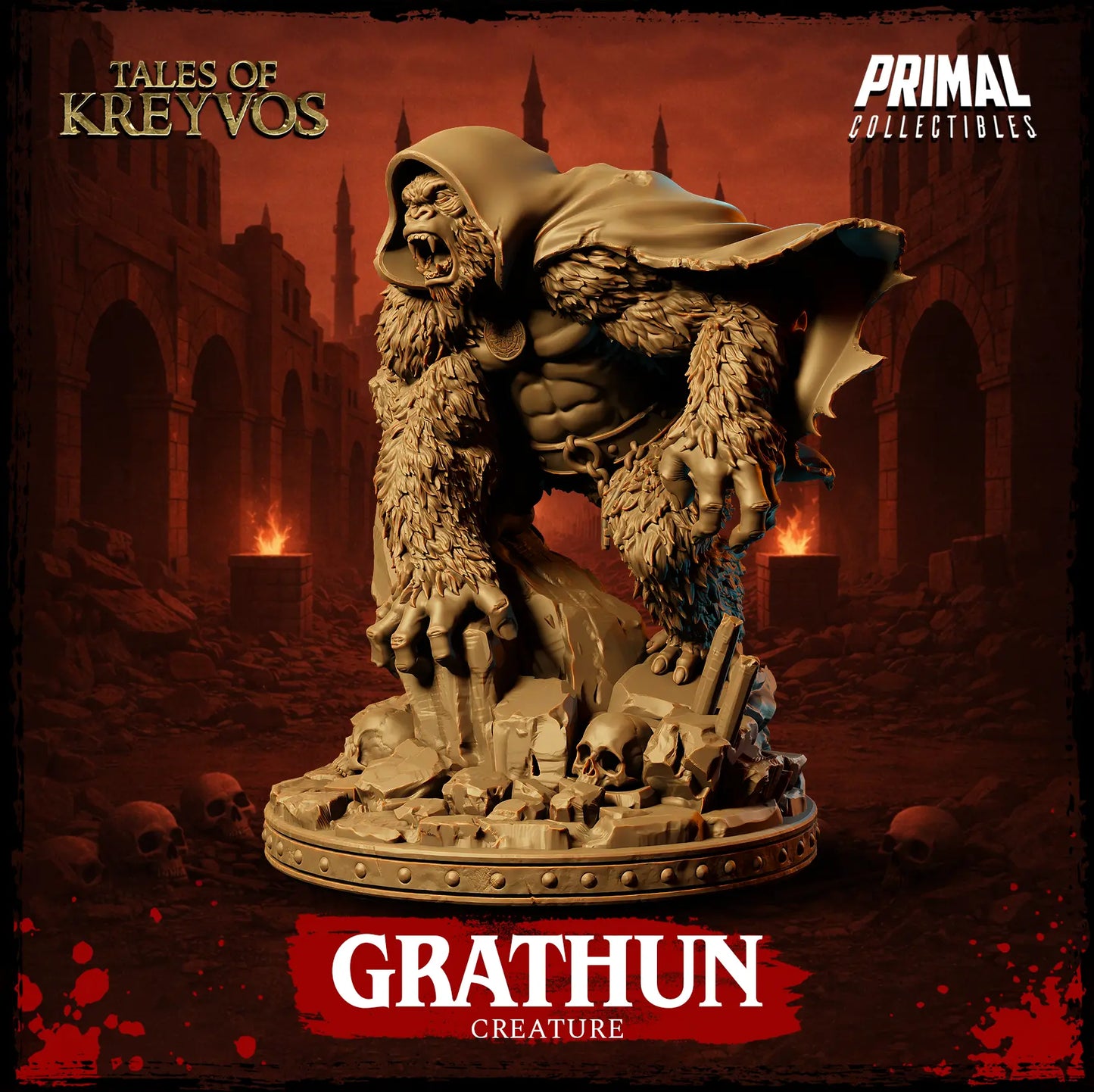 Left three-quarter view of Grathun the Monkey God showing his tattered hood profile and fur textures.