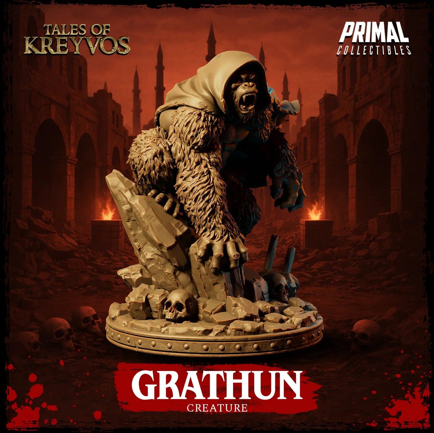 Right three-quarter view of the Grathun simian creature miniature showing his aggressive forward-leaning posture.