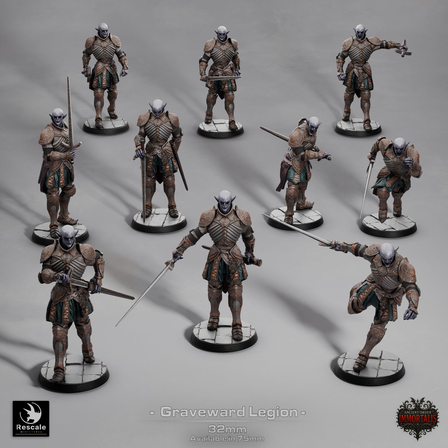Graveward Legion resin miniatures – vampiric knights in multiple poses including attack, duel, and run stances, printed by D&K Custom Prints