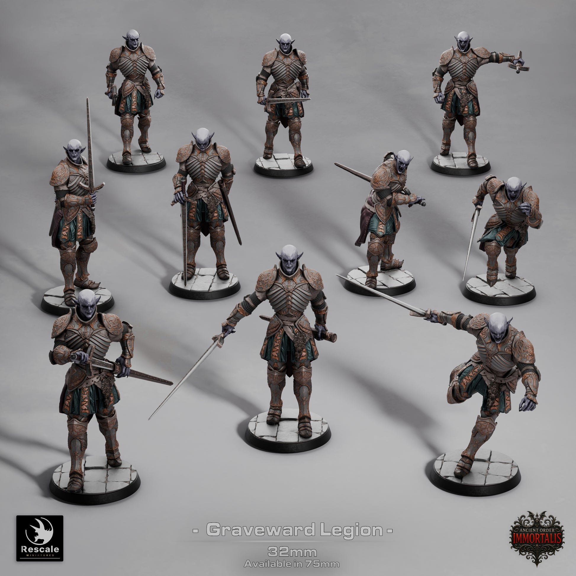 Graveward Legion resin miniatures – vampiric knights in multiple poses including attack, duel, and run stances, printed by D&K Custom Prints