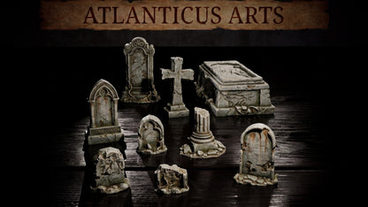 Wide shot of the complete 9-piece painted graveyard stone set, illustrating the scale variety of the different tombstone models.
