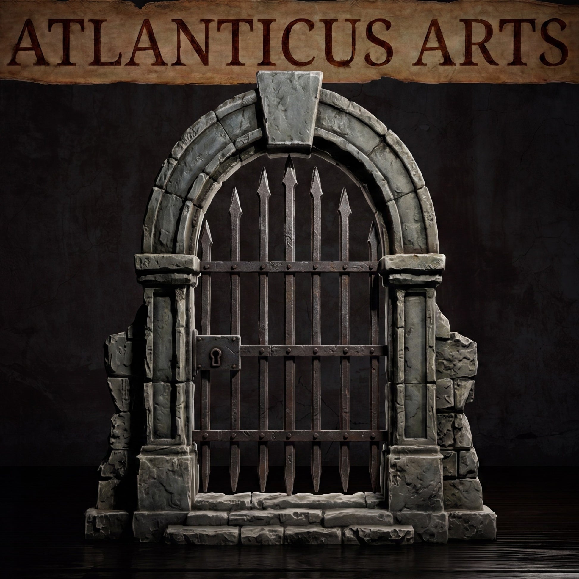 Close up render of the unpainted resin Graveyard Door featuring a gothic stone archway and spiked iron gate with a large keyhole latch.