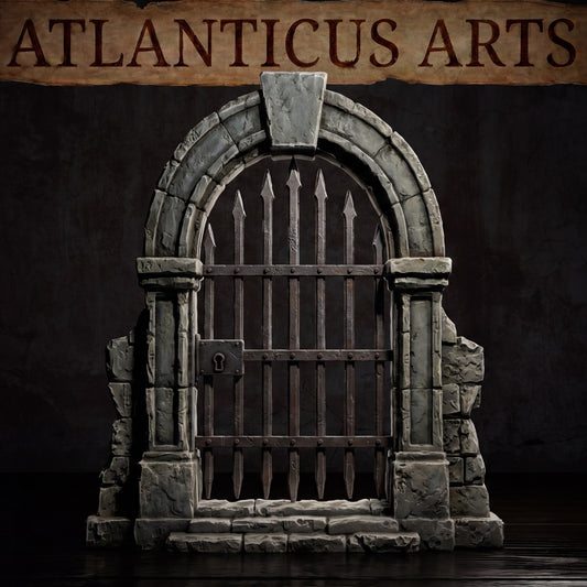 Close up render of the unpainted resin Graveyard Door featuring a gothic stone archway and spiked iron gate with a large keyhole latch.