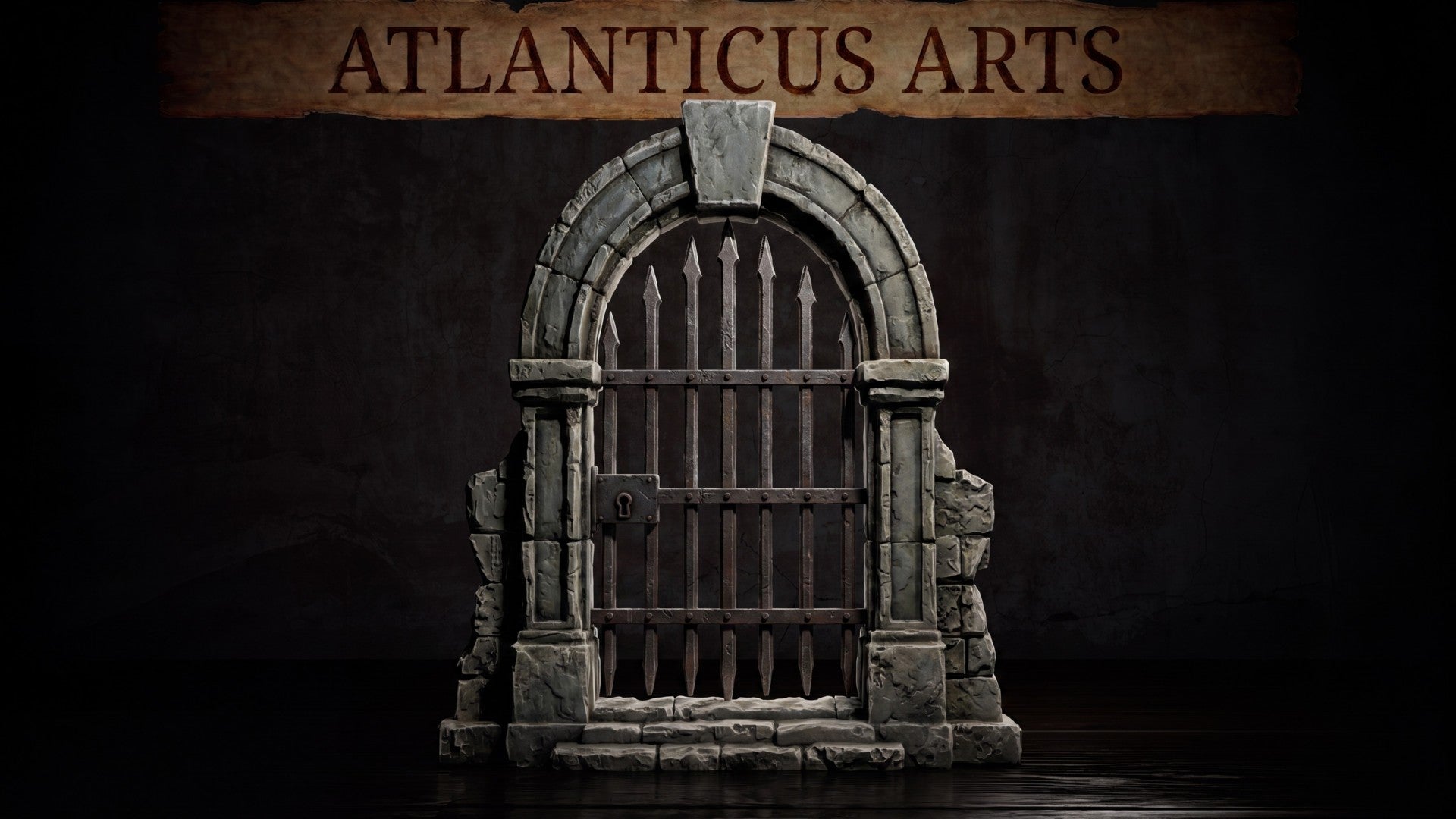 Full wide shot render of the freestanding gothic Graveyard Door miniature displaying the detailed cracked masonry blocks on the outer pillars.