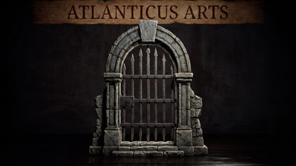 Full wide shot render of the freestanding gothic Graveyard Door miniature displaying the detailed cracked masonry blocks on the outer pillars.