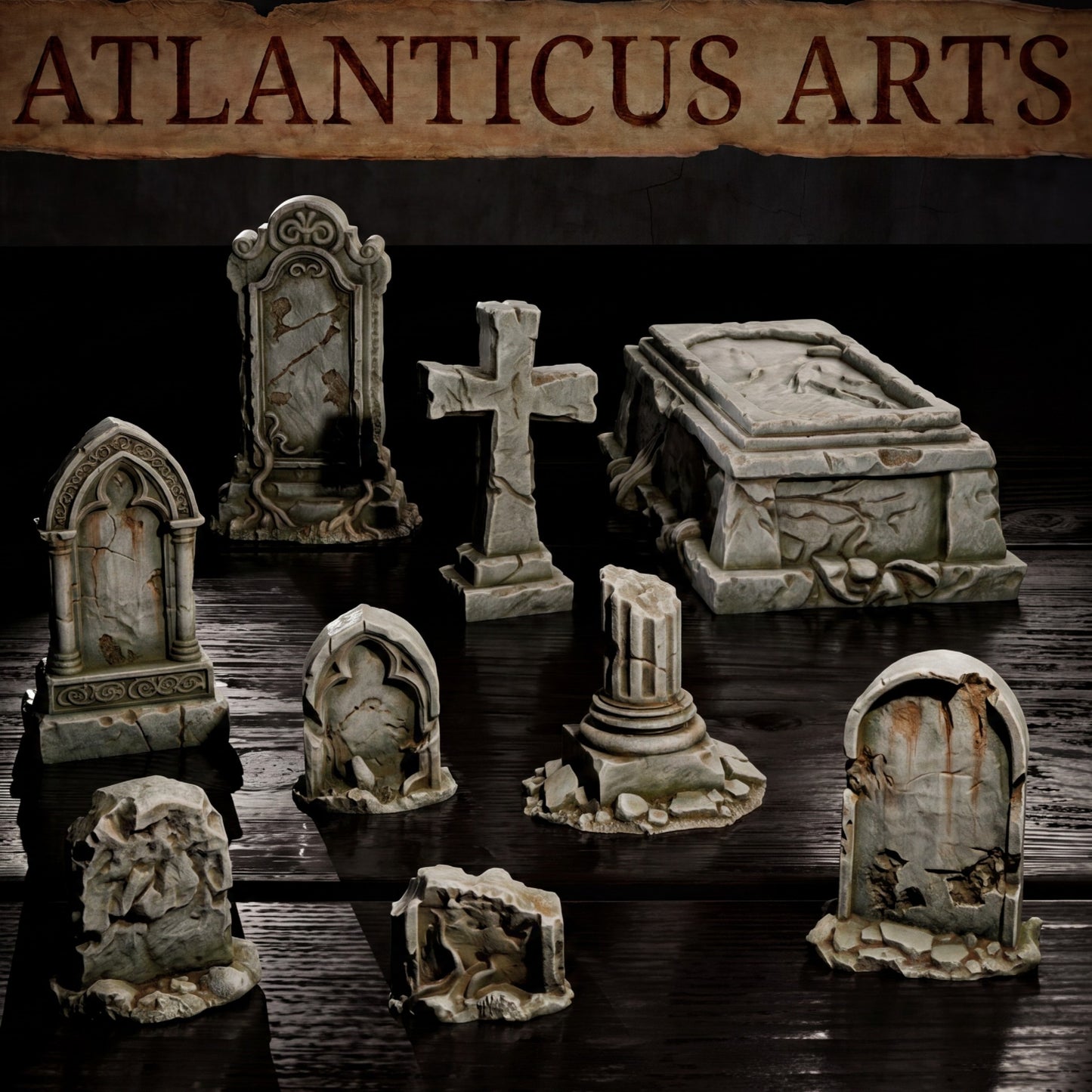 Close-up of 9 different painted grey-and-mossy stone tombstones, a sarcophagus, a cross, and a broken pillar on a dark wood surface under the Atlanticus Arts banner.