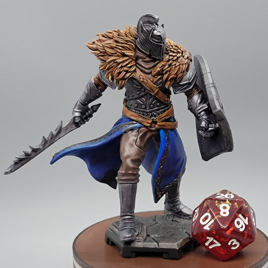 Custom Painted 32mm scale variant of Griff the Knight Human Fighter carrying a jagged sword and shield beneath a heavy fur mantle.
