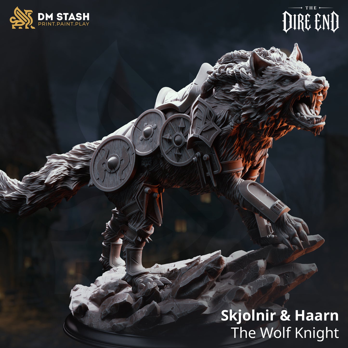 A 3D-rendered dark fantasy resin miniature of Haarn, the giant armored dire wolf mount from DM Stash. The massive wolf is captured mid-charge with an empty saddle, growling with bared fangs on a jagged rock base with decorative shields strapped to its flanks.