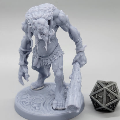 Front view of unpainted Hag Cursed Troll 1 holding a wooden club beside a metal d20.