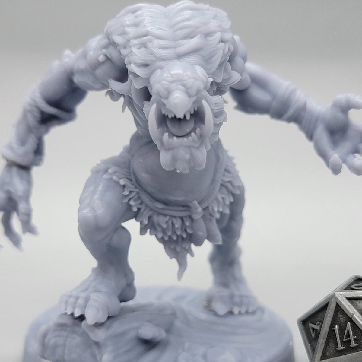 Unpainted Hag Cursed Troll 3 leaning forward with an open mouth and outstretched hand beside a metal d20.