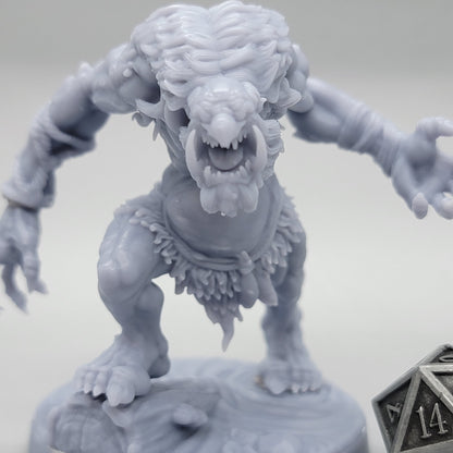 Unpainted Hag Cursed Troll 3 leaning forward with an open mouth and outstretched hand beside a metal d20.