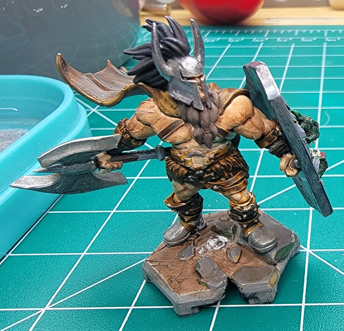Custom Paintwork by D&K Custom Prints of 32mm scale variant of Hagall Dwarf Barbarian wielding a large axe and shield in ornate Naga armor.