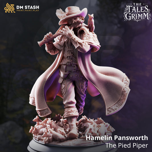 Hamelin Pansworth Human Bard resin miniature by DM Stash playing a flute surrounded by a rat swarm base.