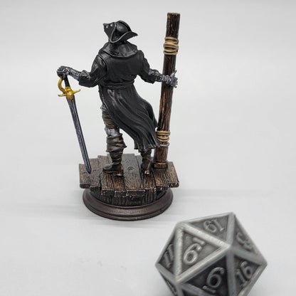 Painted Harvold Blue Eyes Stalson miniature with sword, dock base, and scale die for TTRPG games