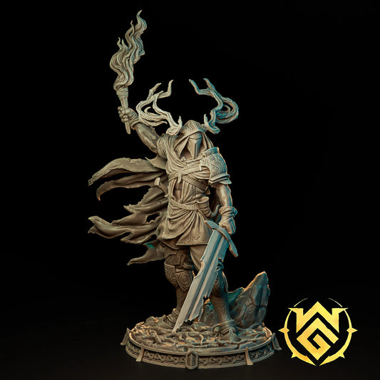Hero front view render of Hedge Knight resin miniature with antler helm, torch, and broadsword by The Witchguild.