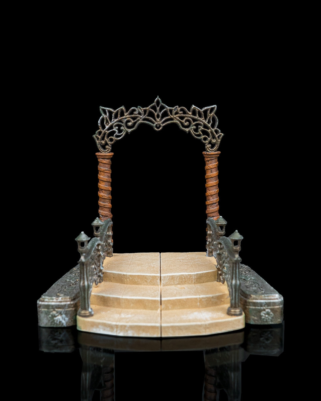 Front view of a 32mm modular elven portal miniature featuring a two-part base and ornate swirling metal arch header.