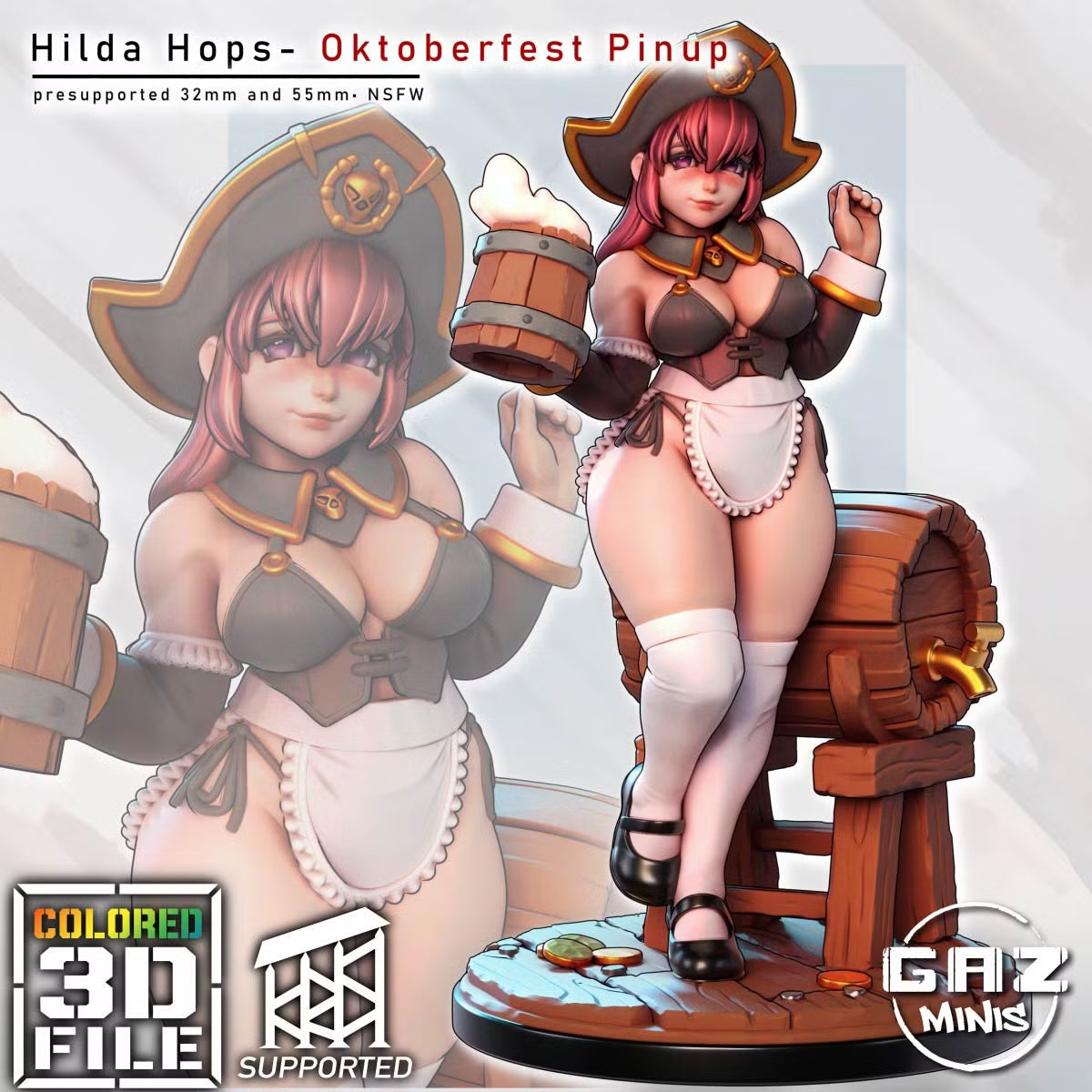 Hilda Hops the Human Bard holding a foaming mug beside a wooden ale barrel on a tavern-themed scenic base.