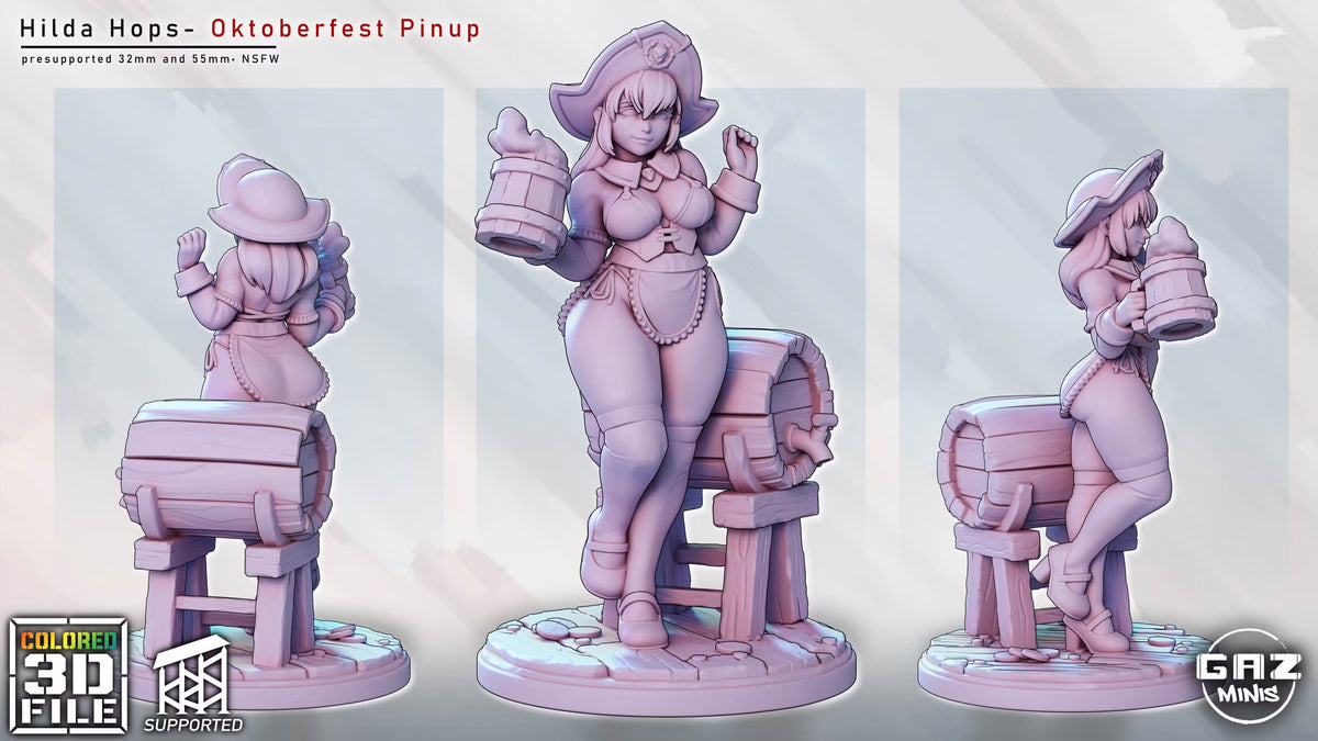 Unpainted resin render of Hilda Hops the Human Bard shown from multiple angles with mug, barrel, and scenic base.