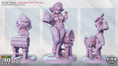 Unpainted resin render of Hilda Hops the Human Bard shown from multiple angles with mug, barrel, and scenic base.