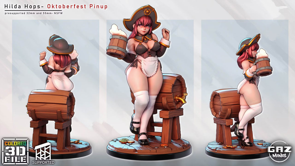 Hilda Hops shown from front, side, and rear views with a foaming mug, wooden barrel, and scenic tavern base.