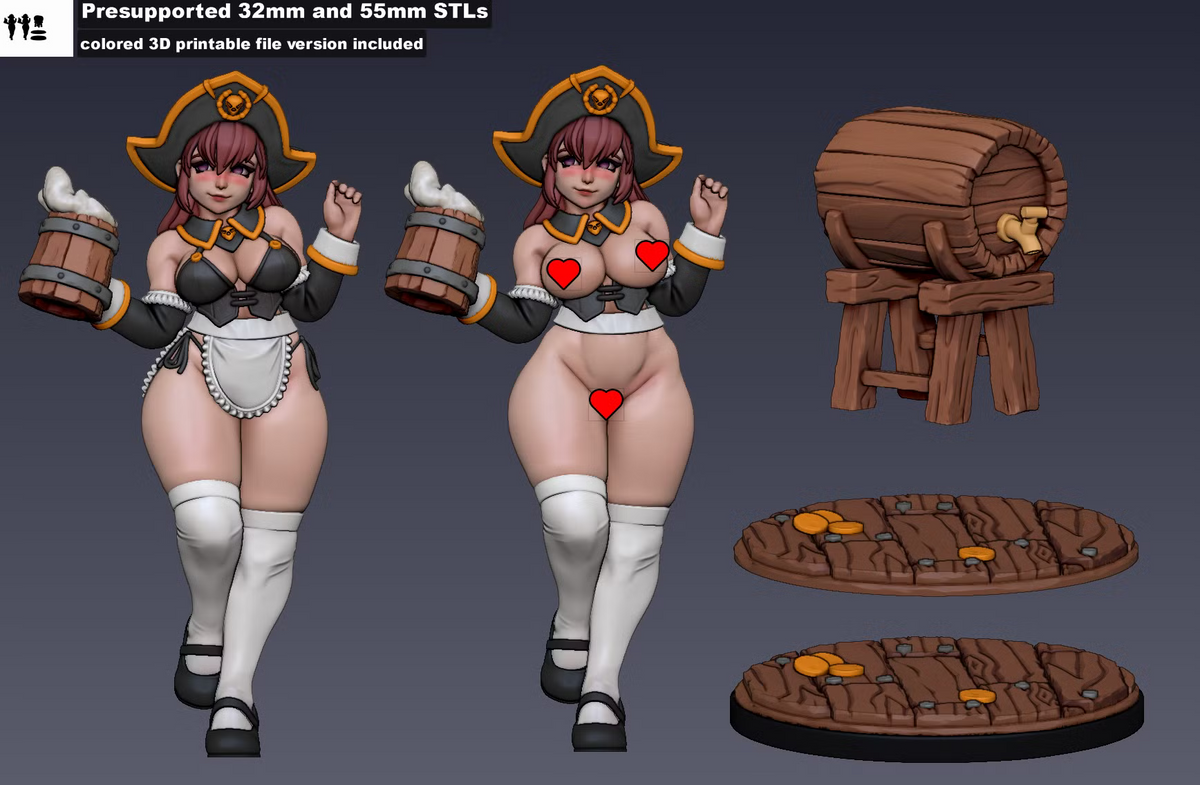 Hilda Hops options showing SFW and NSFW body styles, wooden barrel scenery, scenic base topper, and complete base configuration.