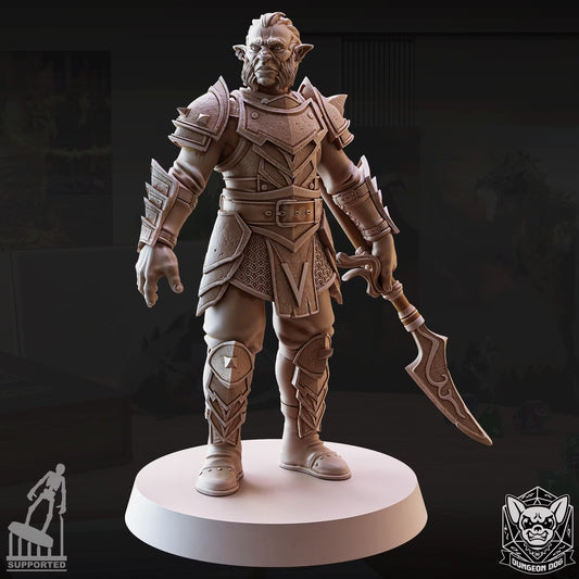 Hobgoblin Pose 1 standing in armor with a one-handed sword.
Focal Point: Face and upper torso while preserving the sword.