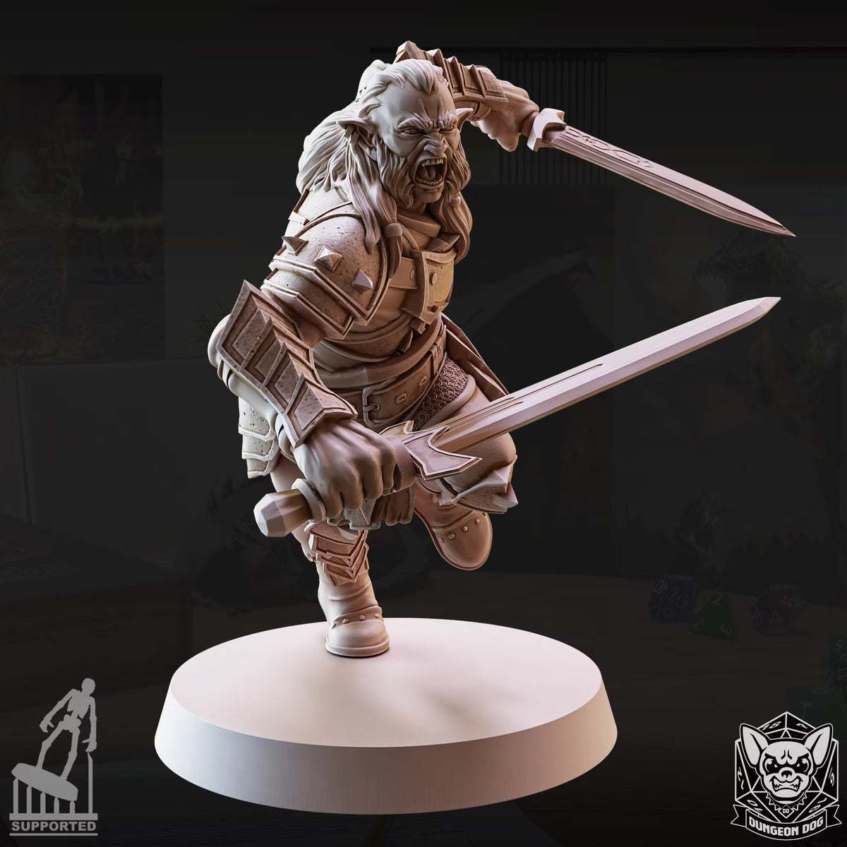 Hobgoblin Pose 2 charging forward while wielding two swords.
Focal Point: Face and torso; retain both extended swords.