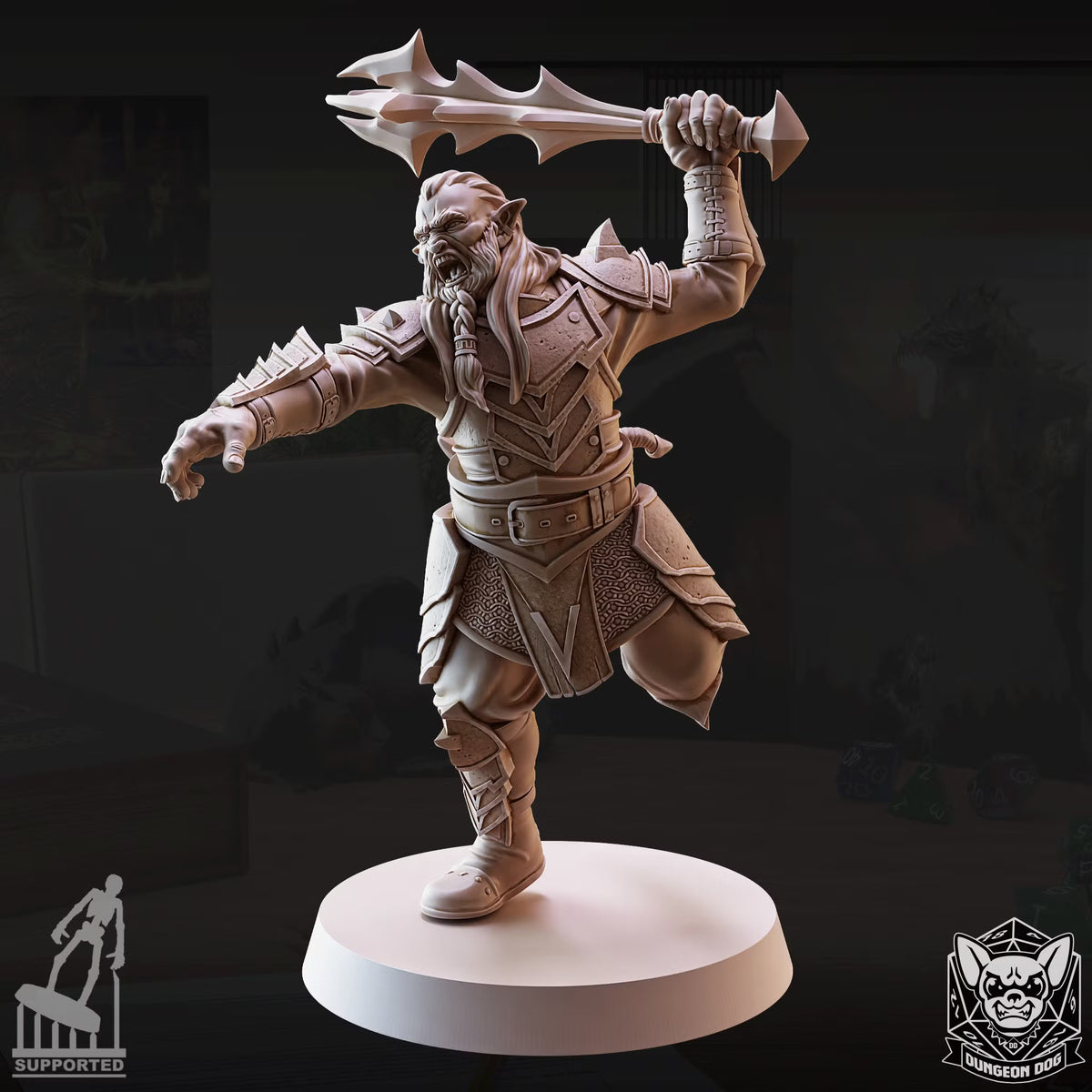 Hobgoblin Pose 3 lunging forward with a large bladed weapon raised overhead.
Focal Point: Face and upper torso with enough space above to preserve the raised weapon.