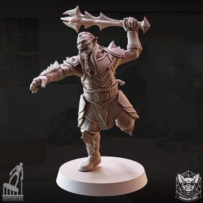 Hobgoblin Pose 3 lunging forward with a large bladed weapon raised overhead.
Focal Point: Face and upper torso with enough space above to preserve the raised weapon.