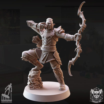 Hobgoblin Pose 6 drawing a bow while braced against a rocky support.