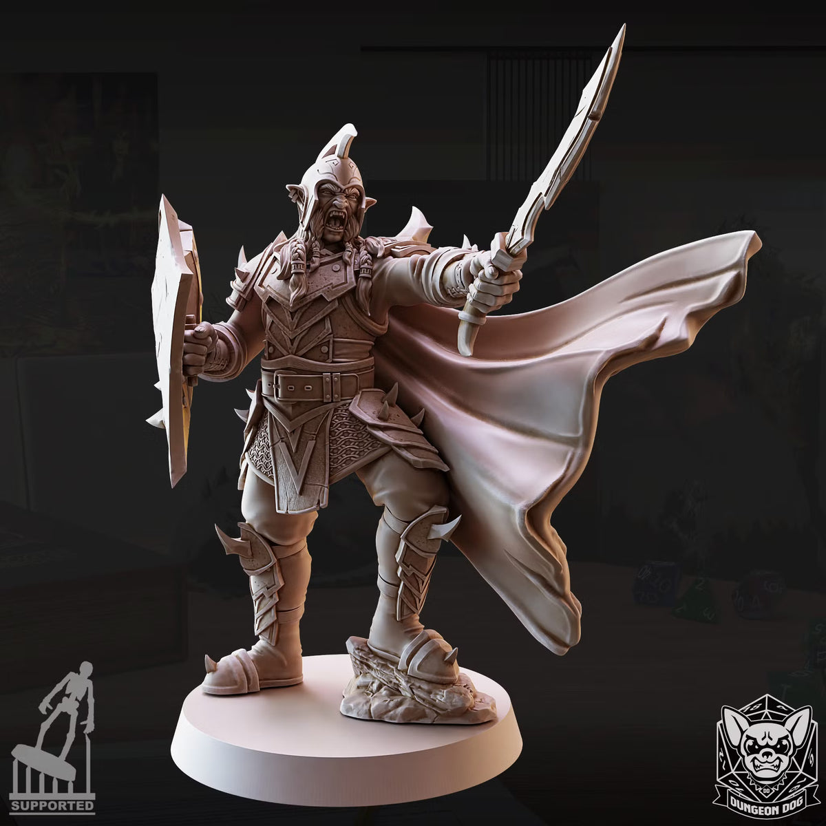 Hobgoblin Pose 7 in armor carrying a large shield and sword with a flowing cape.