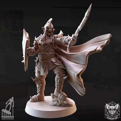 Hobgoblin Pose 7 in armor carrying a large shield and sword with a flowing cape.
