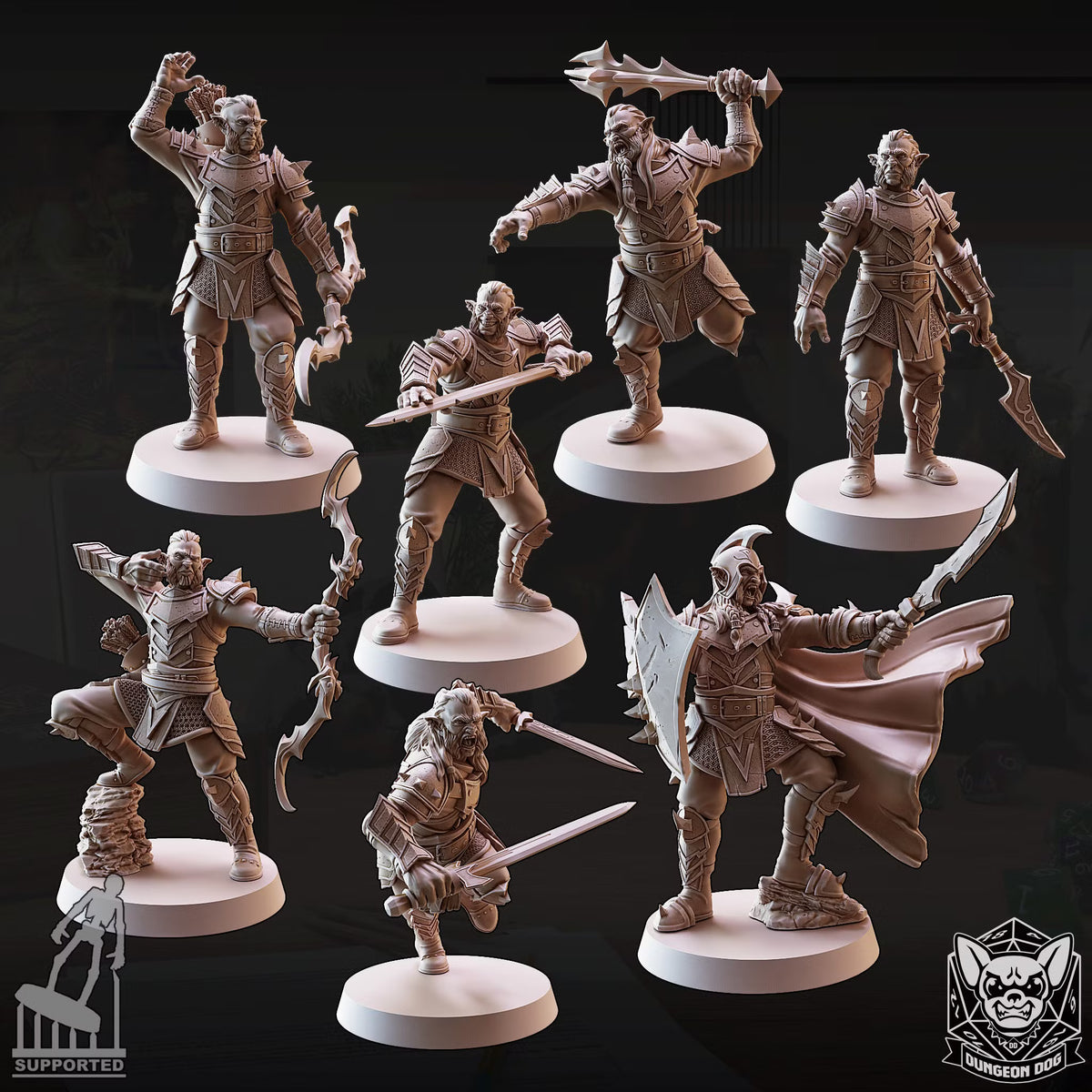 Seven Dungeon Dog Hobgoblin miniatures in varied armored combat poses with swords, bows, and shield.