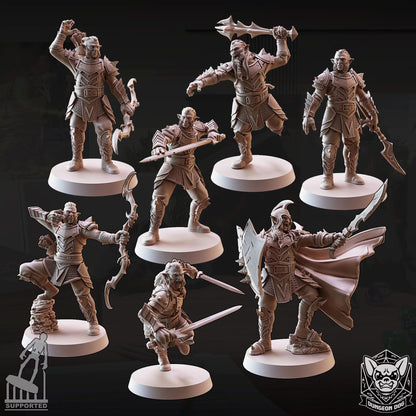 Seven Dungeon Dog Hobgoblin miniatures in varied armored combat poses with swords, bows, and shield.