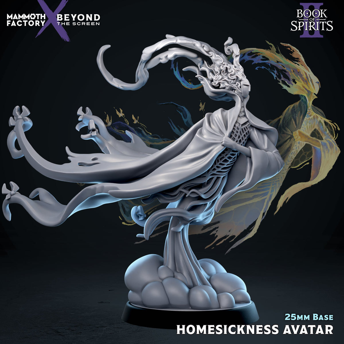 Front render view of the unpainted resin Homesick Animar Homesickness Avatar spirit miniature with flowing tendrils and billowing robes on a 25mm cloud base.
