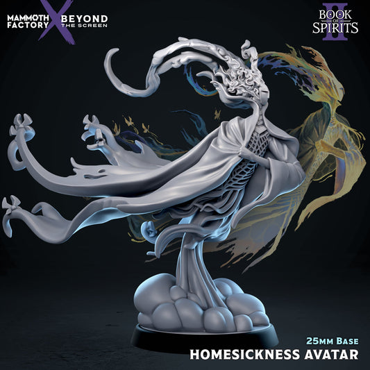 Front render view of the unpainted resin Homesick Animar Homesickness Avatar spirit miniature with flowing tendrils and billowing robes on a 25mm cloud base.