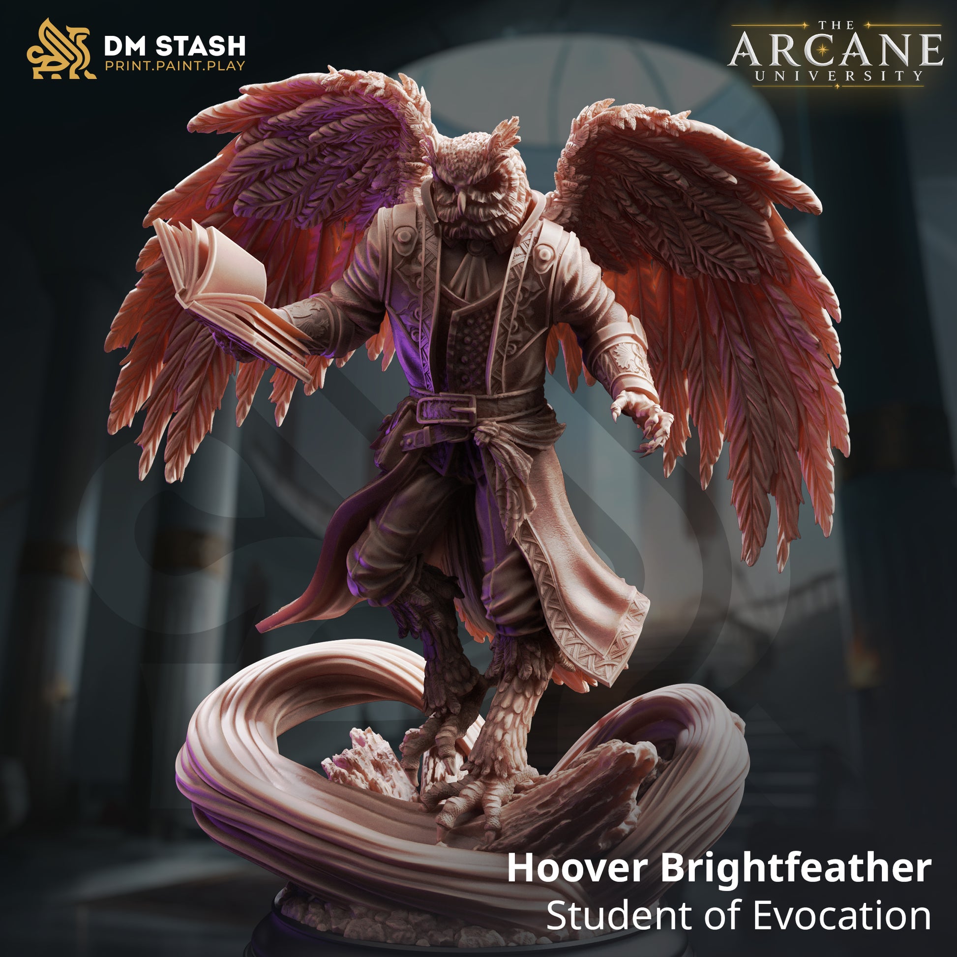 A 3D-rendered fantasy owl-folk wizard resin miniature named Hoover Brightfeather by DM Stash. The owlin mage hovers over an arcane energy swirl with wings spread wide, holding an open spellbook.