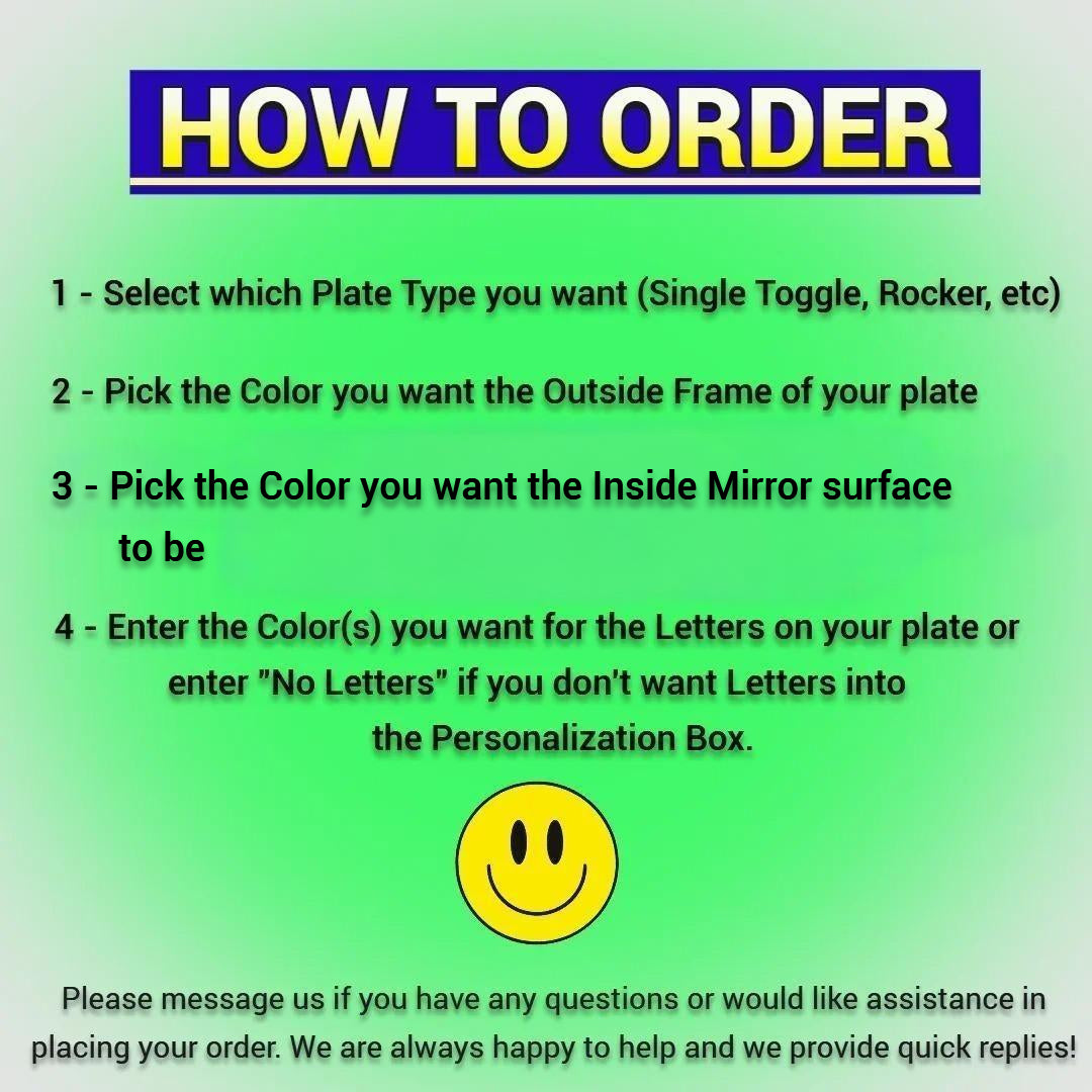 How to order custom light switch cover with plate type, frame color, center plate color, and lettering options