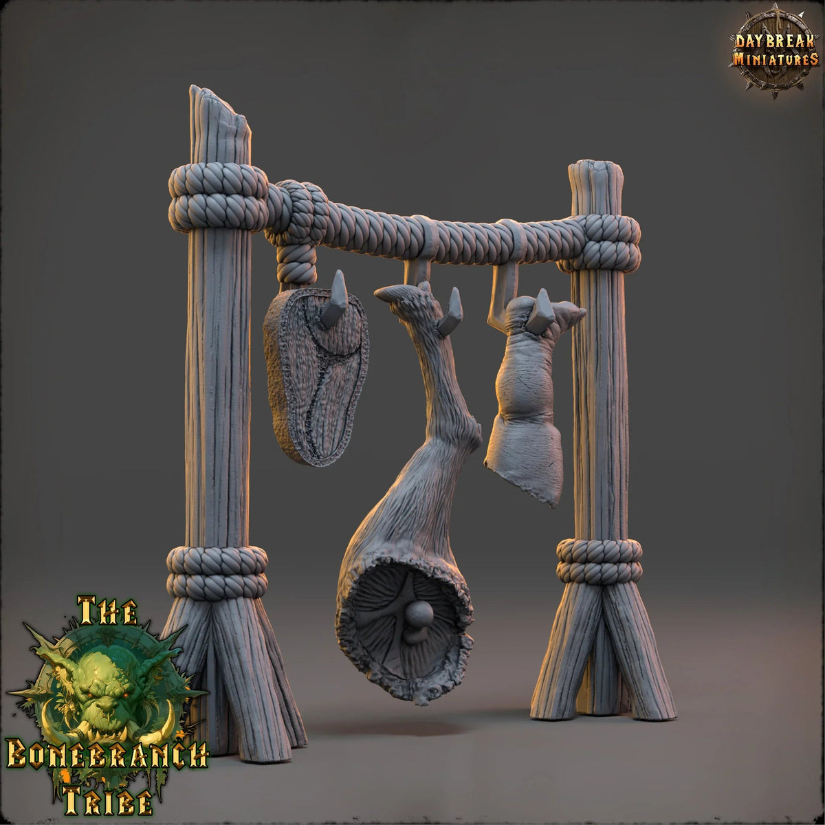 Human Meat Hanger dark fantasy terrain showing suspended remains and a rope-bound timber frame.