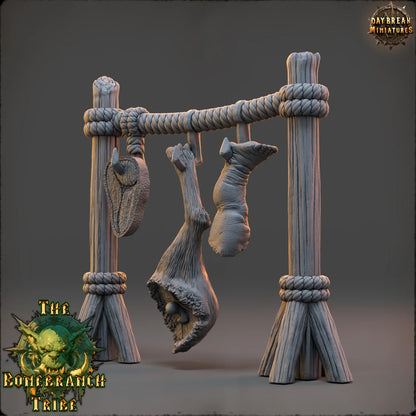 Human Meat Hanger scatter terrain prop with hanging remains, wooden posts, and heavy rope bindings.