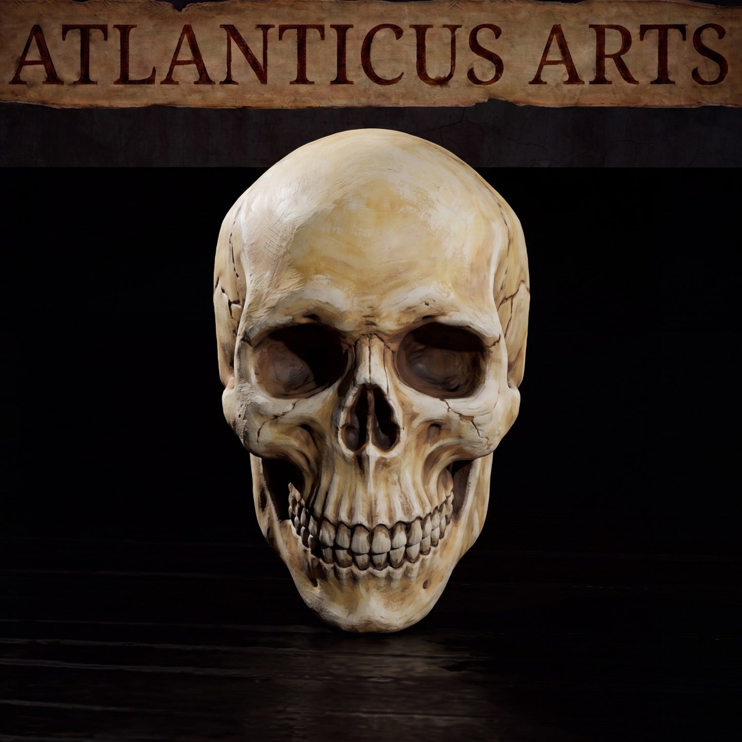 Close-up of a high-detail painted human skull miniature bit on a dark background, showcasing weathered bone textures.